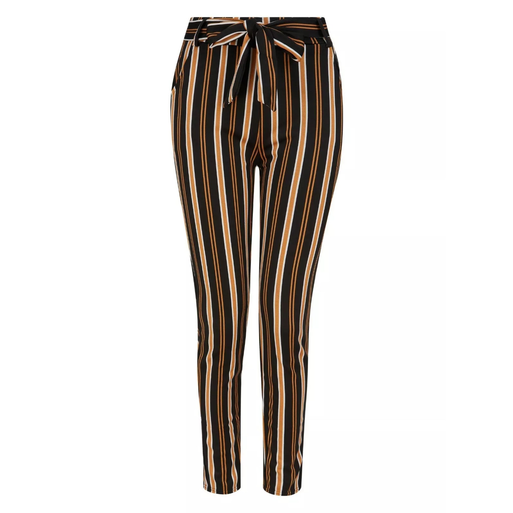 Women's high-waisted belted trousers in black with vertical tan, white, and orange stripes, featuring a tie-front waist and slim fit.